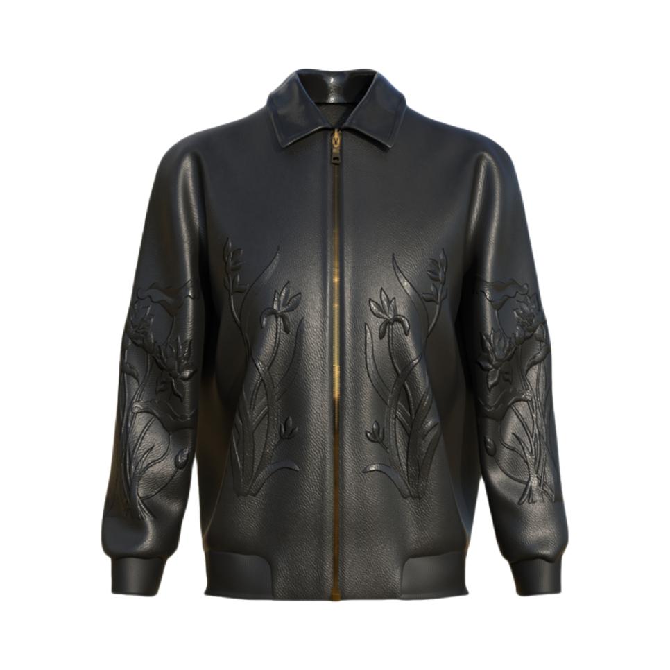 推荐商品：24h7 拉链植物花卉翻领长袖皮衣 24h72306 黑