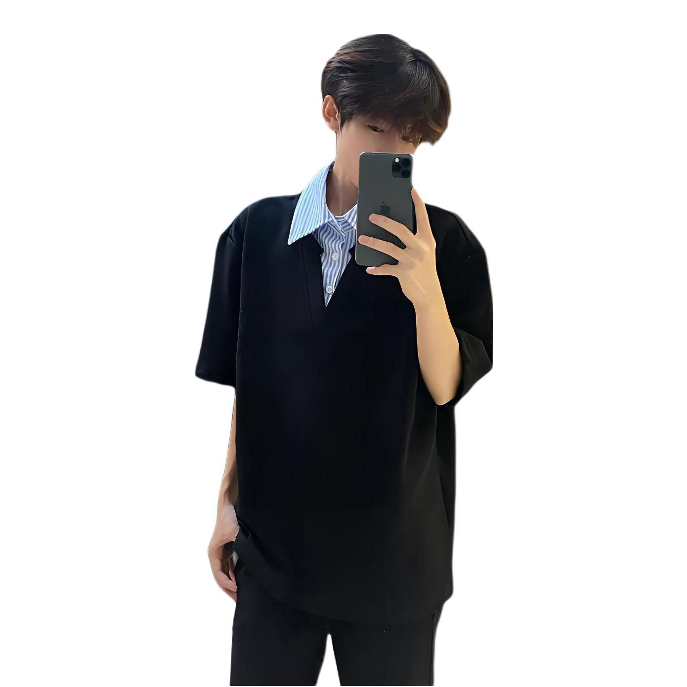 推荐商品：PODGORNOI 美式复古假两件衬衫领短袖Polo衫 POD288 黑