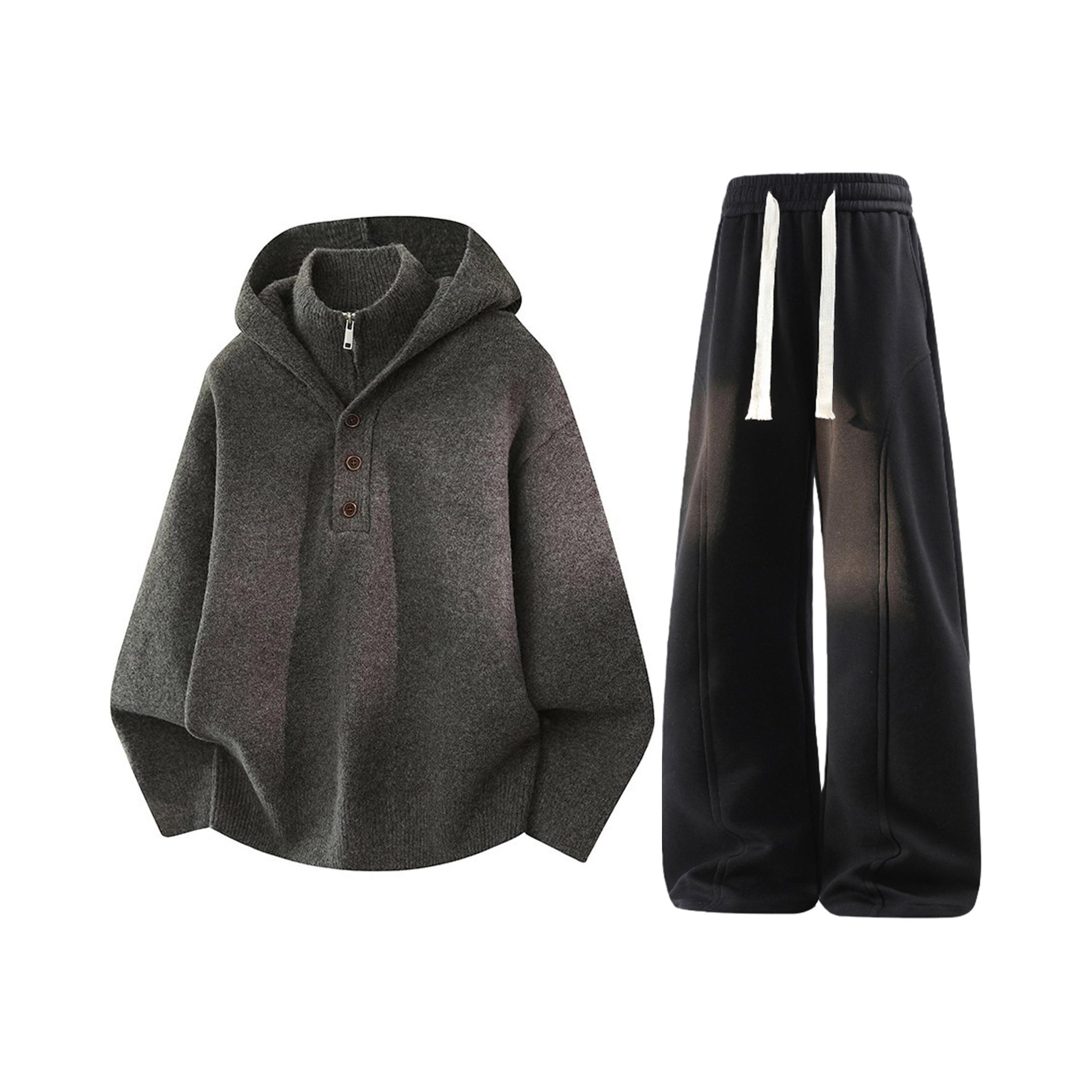 推荐商品：X1617 阔腿柔软针织垂坠高级长袖运动套装 X166-TZ644 咖毛衣+裤子黑