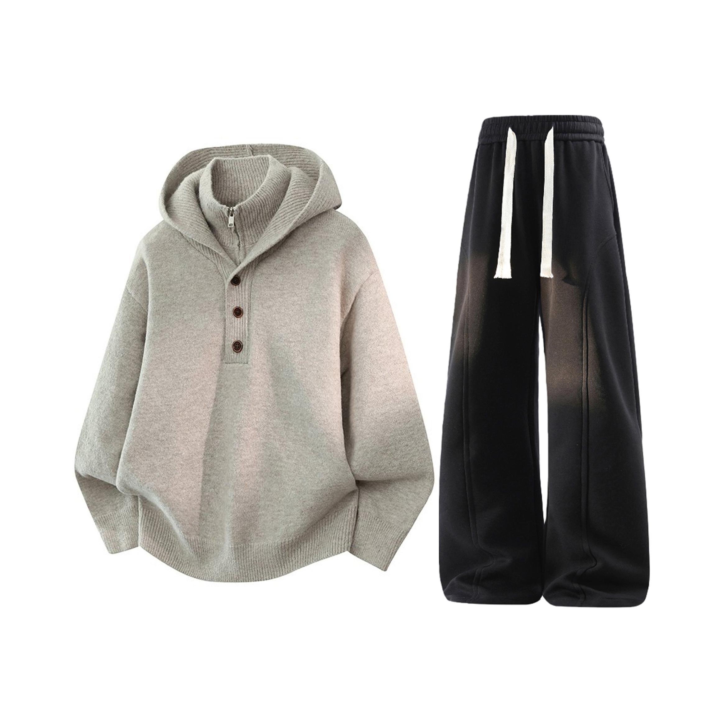 推荐商品：X1617 阔腿柔软针织垂坠高级长袖运动套装 X166-TZ644 燕麦毛衣+裤子黑