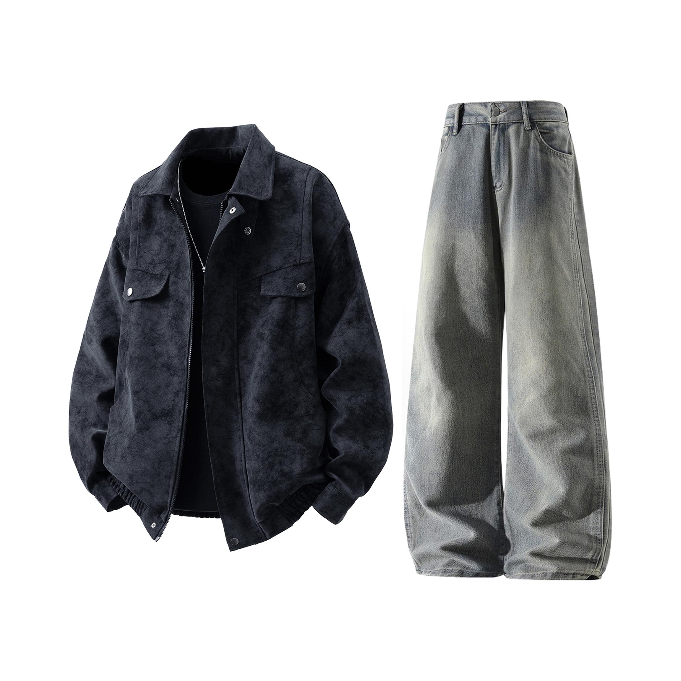 推荐商品：X1617 2026SS 港风直筒阔腿PU皮扎染长袖运动套装 X166-TZ512 黑上衣+泥黄牛仔裤