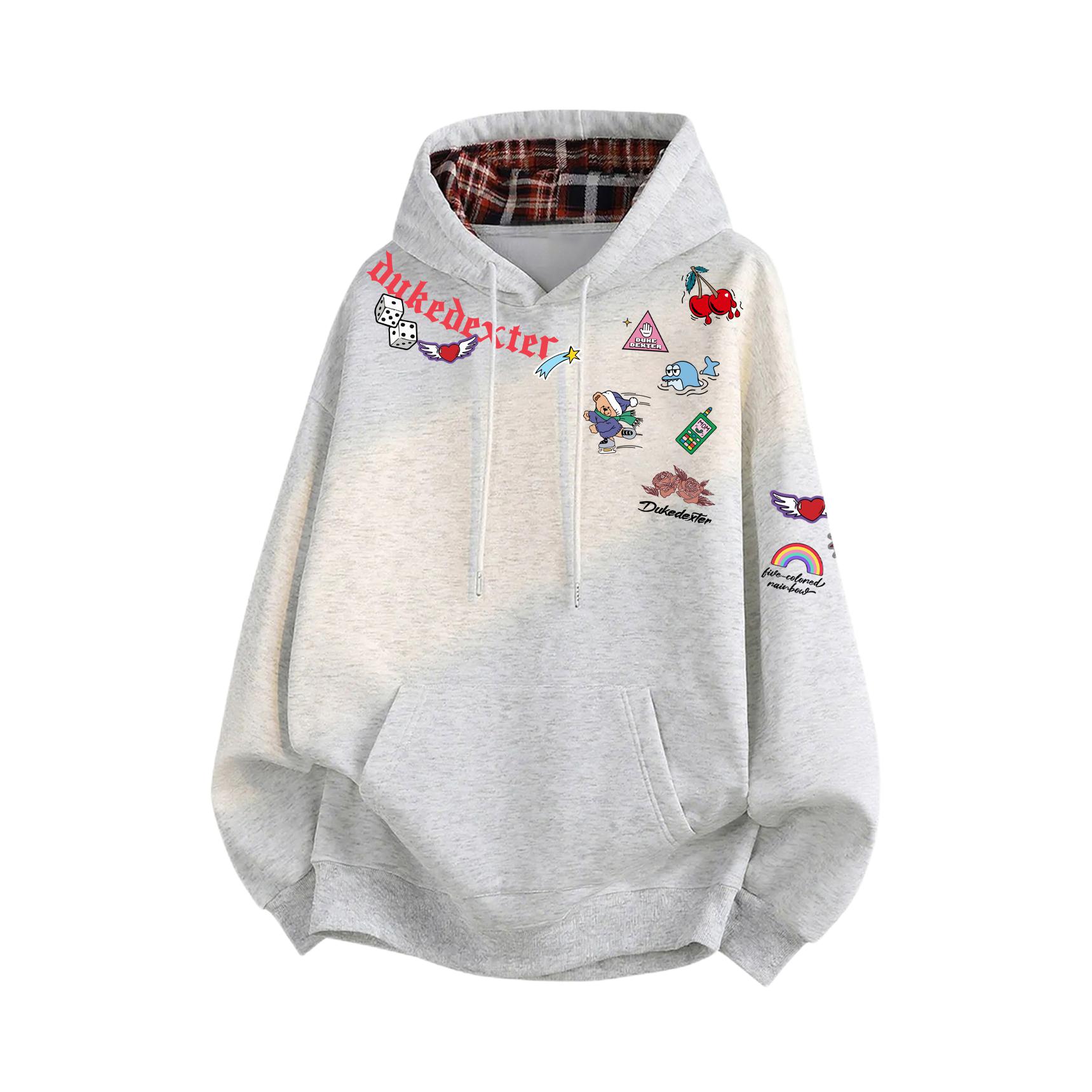 推荐商品：DUKE+DEXTER 亲肤套头格纹连帽落肩长袖卫衣 HWDD-6836-T8993 白花灰