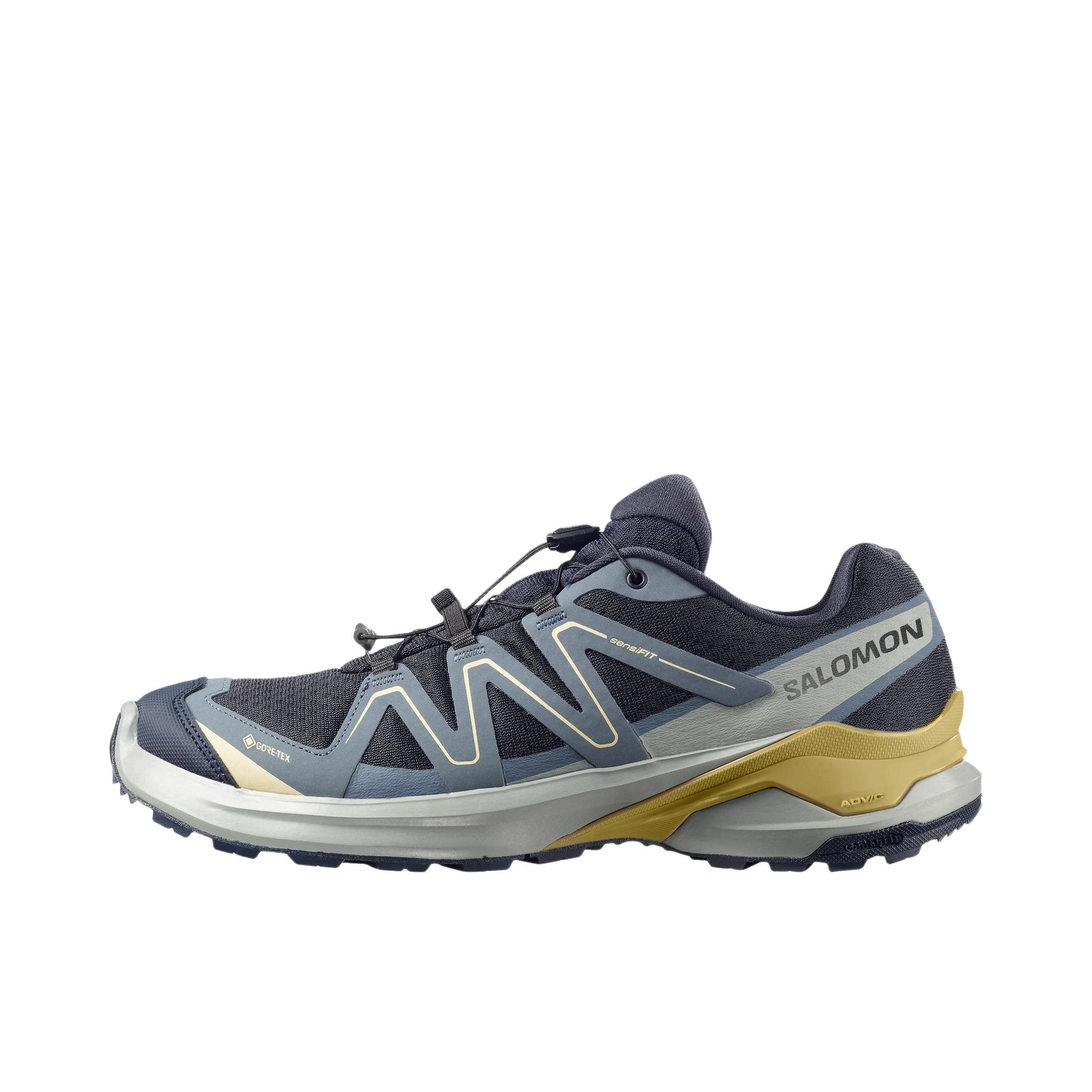 推荐商品：Salomon/萨洛蒙 Examotion GTX 徒步鞋 户外鞋 舒适圆头厚底耐磨 深海军蓝/深灰色/柳木色