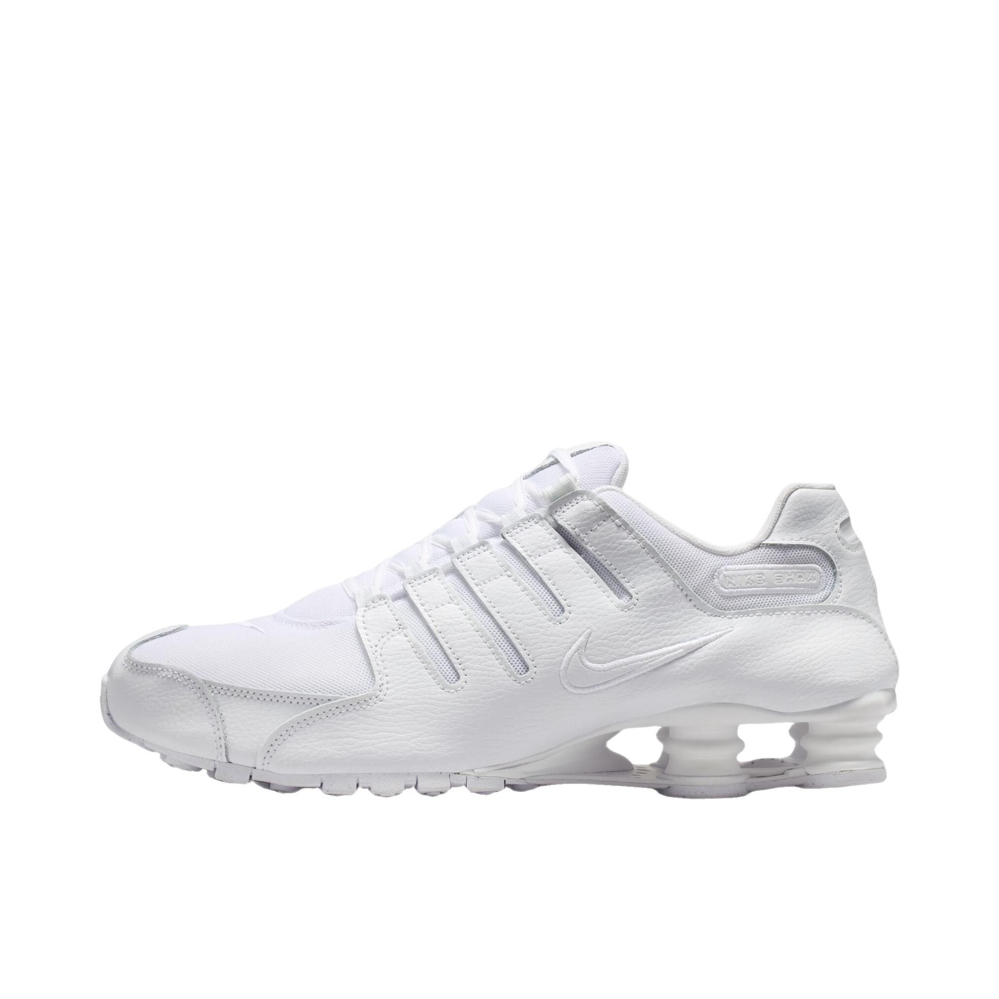 推荐商品：Nike Shox NZ 跑鞋 减震回弹防滑耐磨运动舒适皮革贴合支撑 纯白色