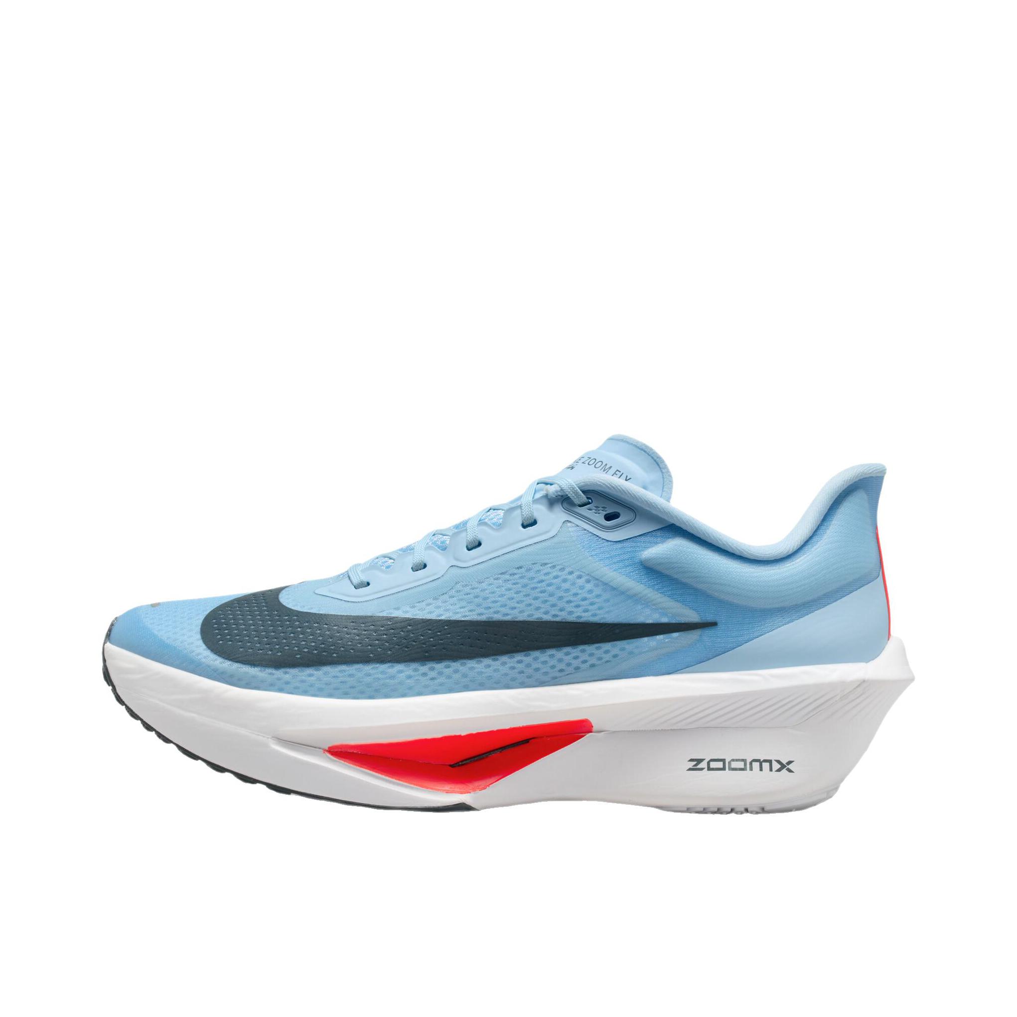 推荐商品：Nike Zoom Fly 6 跑鞋 碳板防滑耐磨舒适低帮圆头厚底支撑回弹贴合 冰蓝色/成熟蓝/白色/亮深红/大学红