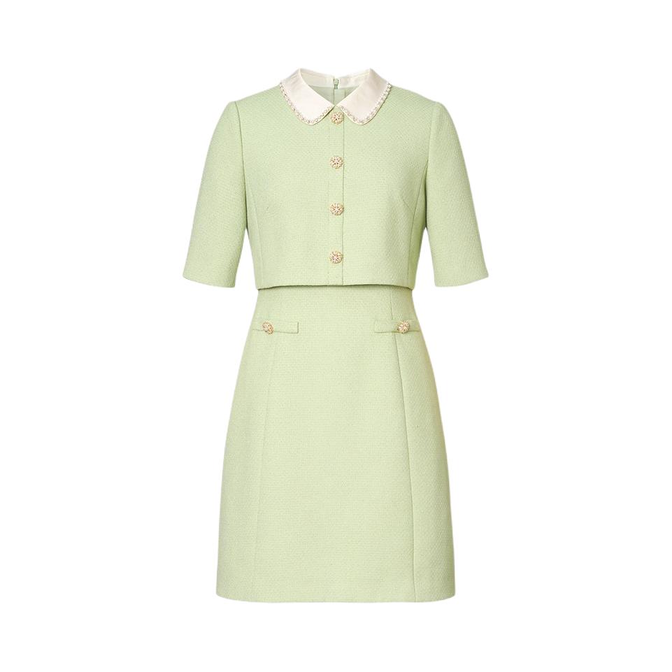 推荐商品：la koradior/拉珂蒂 高腰A型优雅短袖连衣裙 女装 RF06810H1 淡叶绿