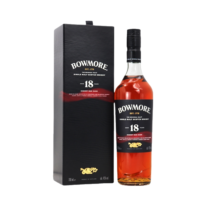推荐商品：Bowmore/波摩 18年 雪莉桶版 单一麦芽 700ml 43%vol 威士忌 盒装