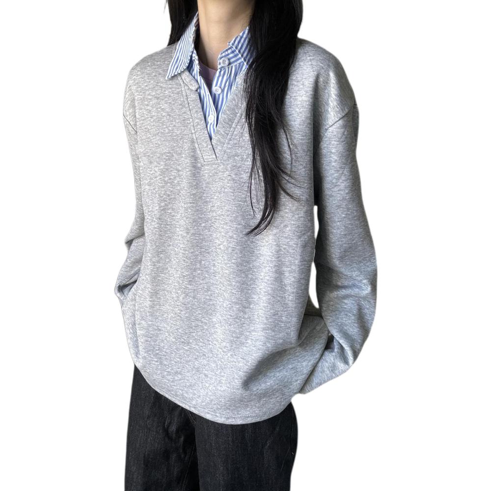 推荐商品：PODGORNOI 条纹拼接内搭高级感长袖Polo衫 PODR329-1110 麻灰