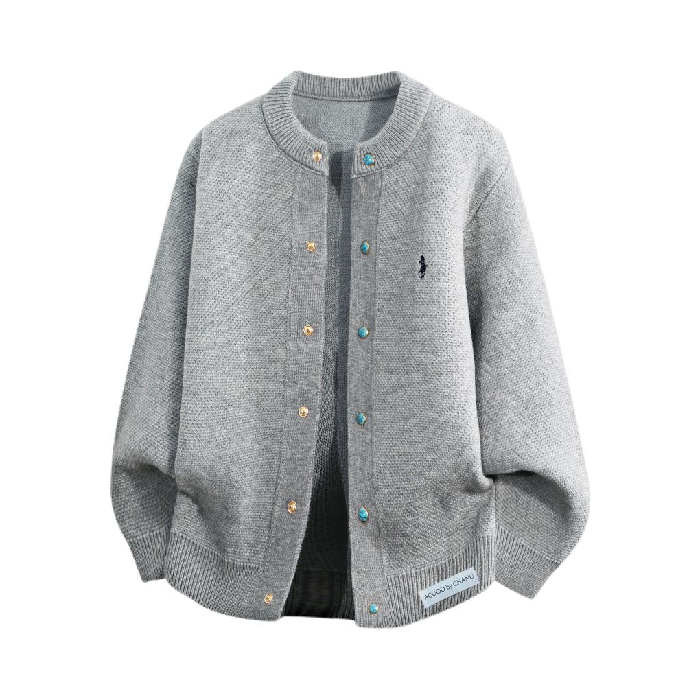 推荐商品：ACUOD BY CHANU 老钱风无性别主义暗扣开衫刺绣高级感长袖针织衫 ML-YLJA320MY88 灰/刺绣版