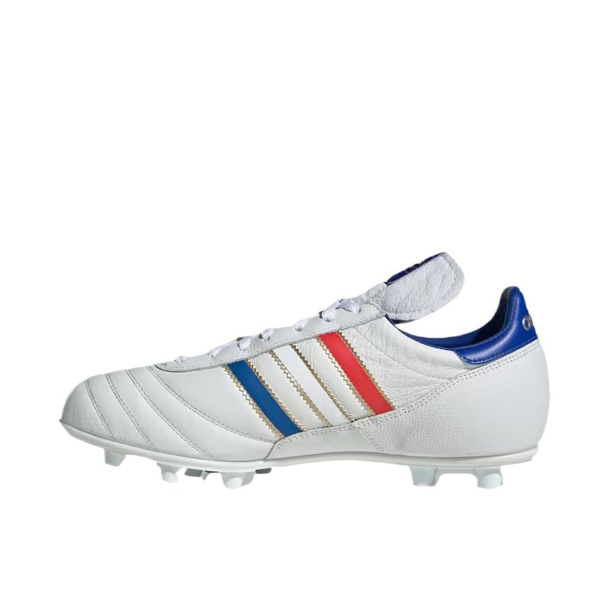 推荐商品：adidas Copa Mundial Elite AG 顶级 胶质短钉 人工草场 圆头 比赛 训练 足球鞋 云白色/亮蓝色/金色金属色