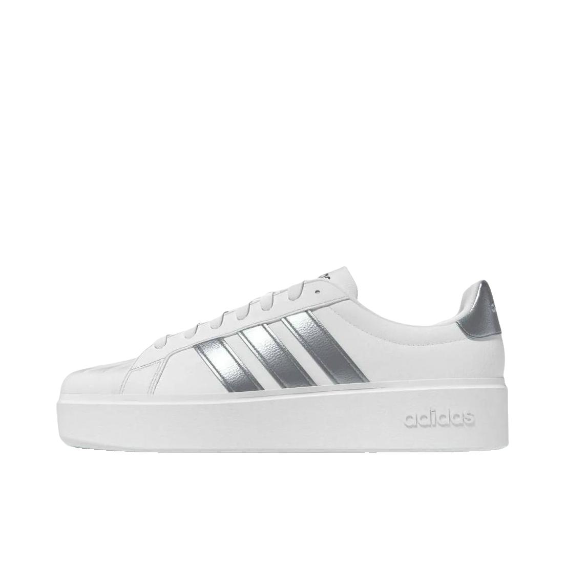 推荐商品：adidas STREETTALK 板鞋 休闲运动舒适合成革贴合圆头 白色/金属银