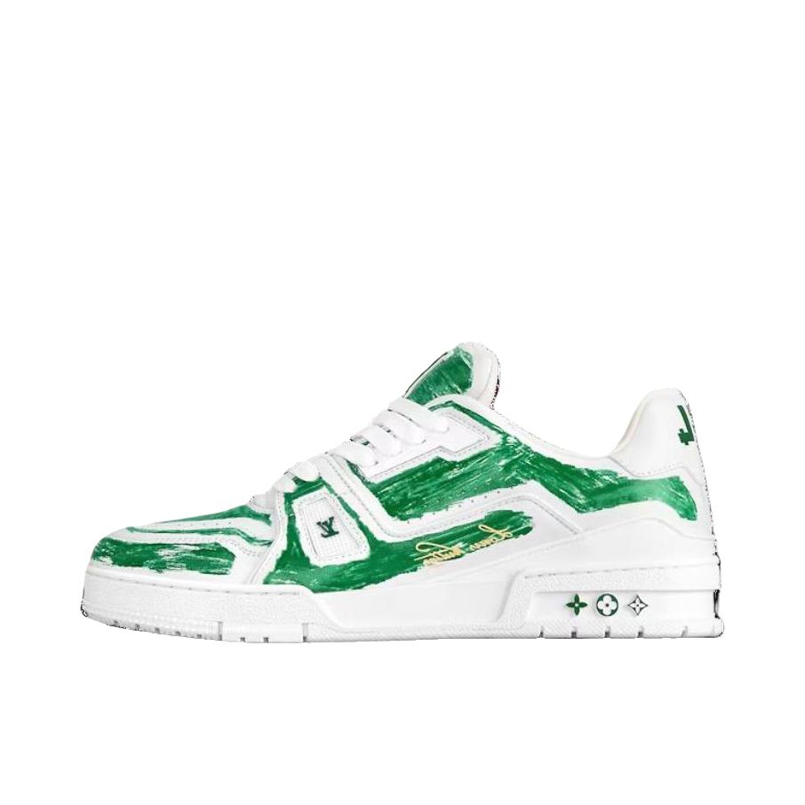 推荐商品：Louis Vuitton Trainer系列 网眼 舒适防滑 时尚潮流 圆头拼接 牛皮革 压纹 板鞋 白色/绿色