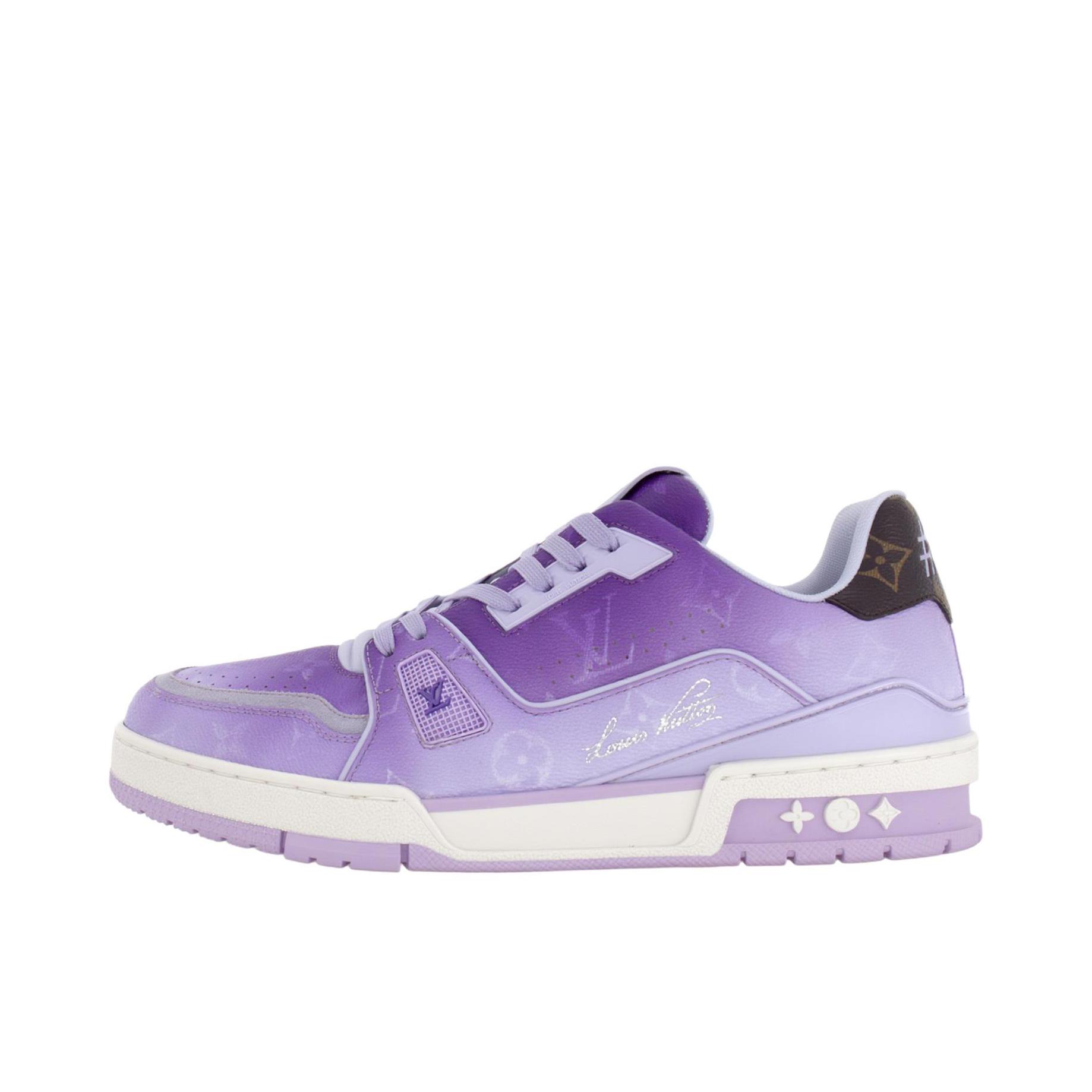 推荐商品：Louis Vuitton Trainer系列 网眼 舒适防滑 时尚潮流 圆头拼接 牛皮革 压纹 板鞋 紫色/珍珠白