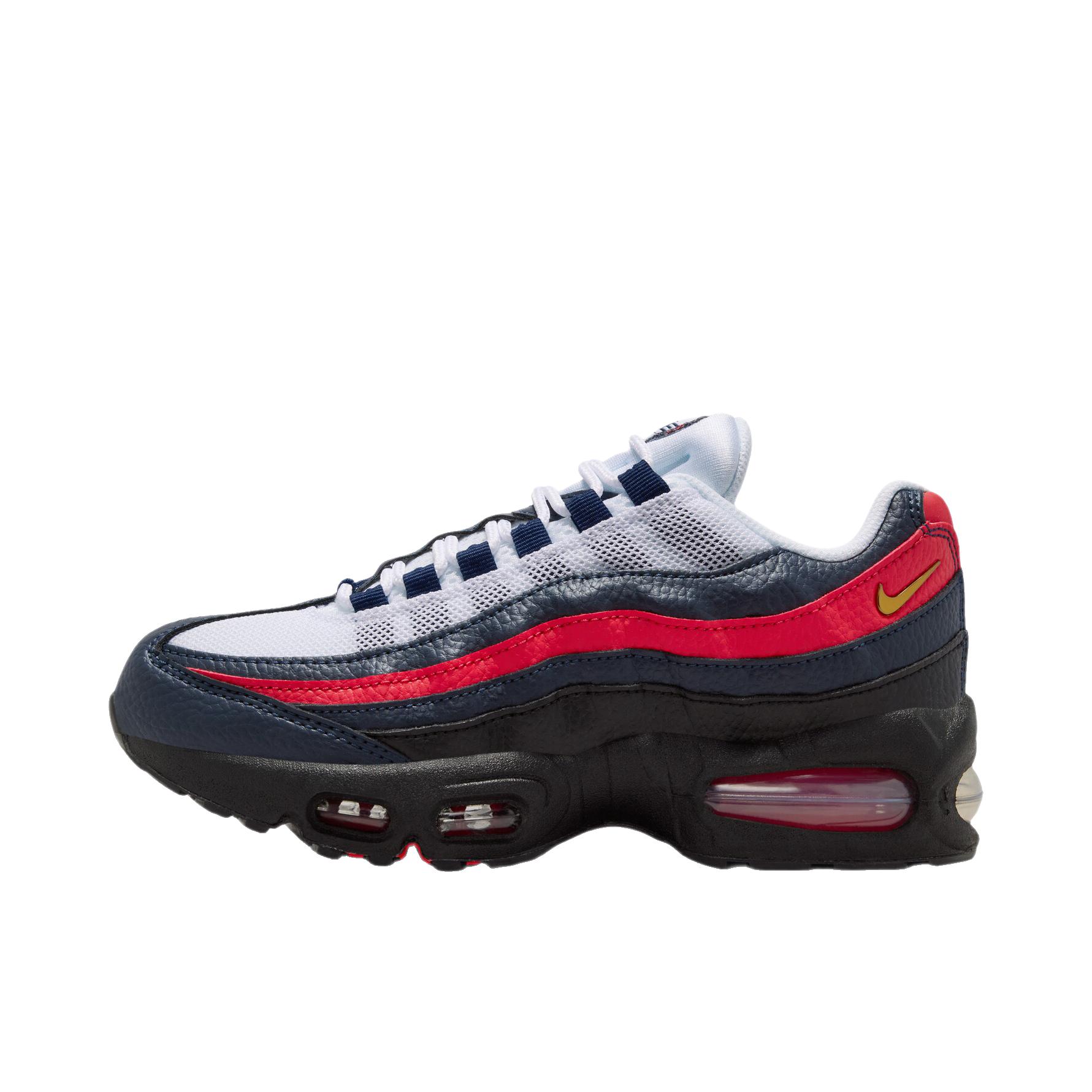 推荐商品：Nike Air Max 95 跑鞋 潮流时尚复古百搭防滑耐磨舒适透气防水气垫织物支撑低帮缓震贴合耐用圆头 大童/黑曜石色/金属金/挑战红/白色/黑色
