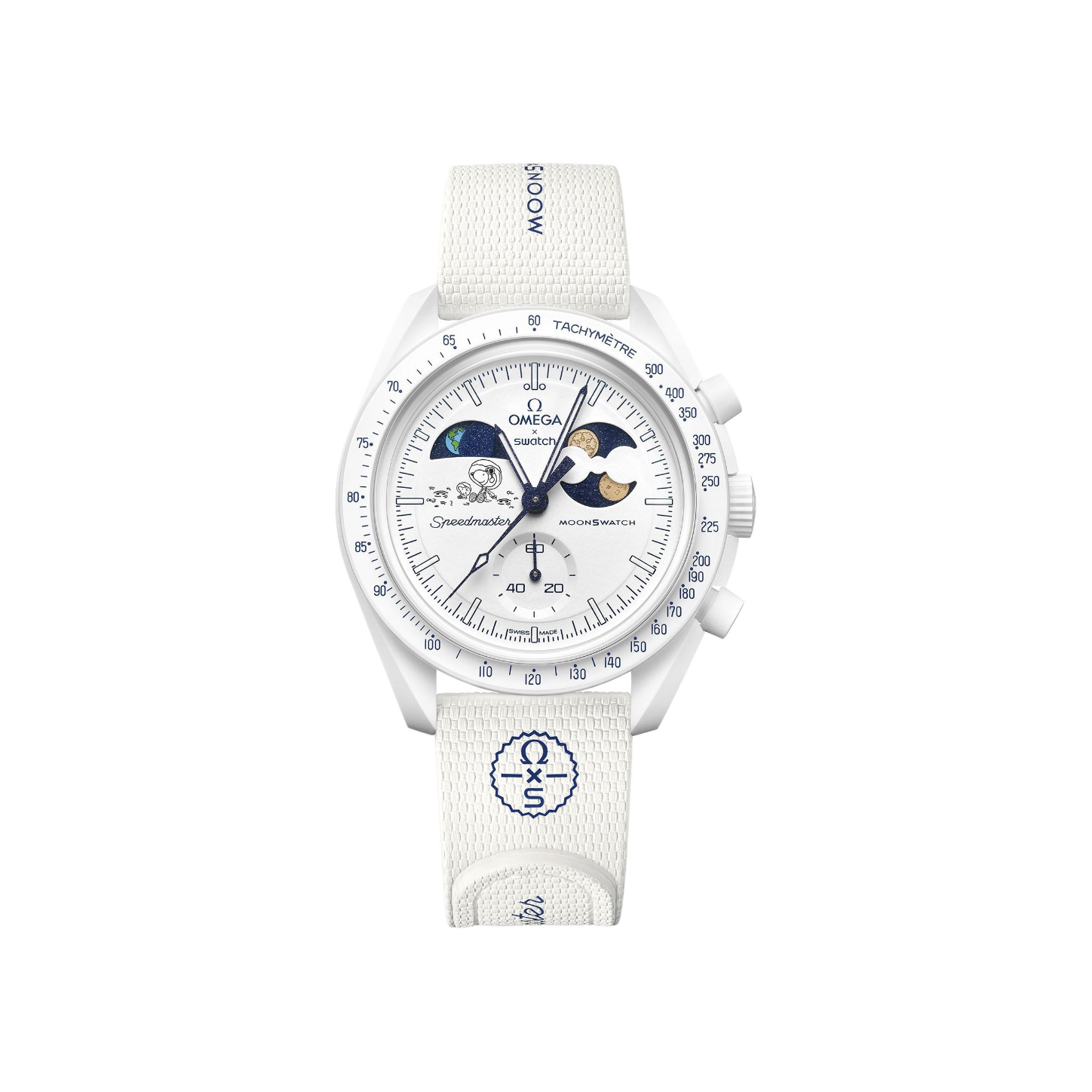 推荐商品：【欧米茄snoopy联名款】Swatch/斯沃琪 MOONSWATCH系列 42mm橡胶表带冷月30米防水月相计时石英男士手表