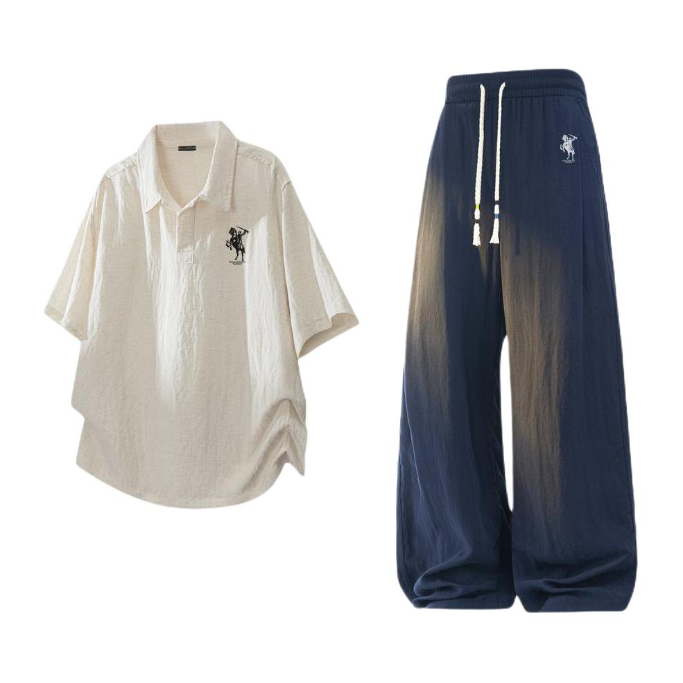 推荐商品：PAUL COSTELLOE/保罗科斯特洛 2026SS 透气复古老钱风短袖运动套装 PL26R8TZ02 燕麦上装+藏青下装