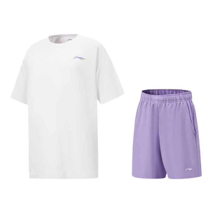 推荐商品：Li Ning/李宁童装 2026SS 速干凉爽套头无帽子印花短袖运动套装 中大童 YATW041 白上装+浅鸢紫下装