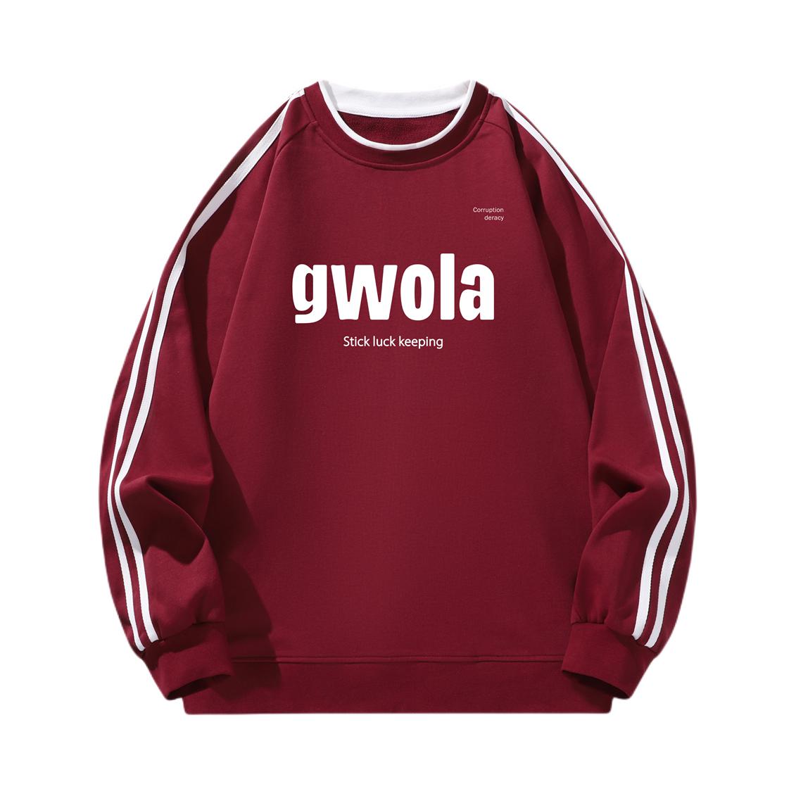 推荐商品：Gwola 字母印花条纹撞色圆领长袖卫衣 枣红