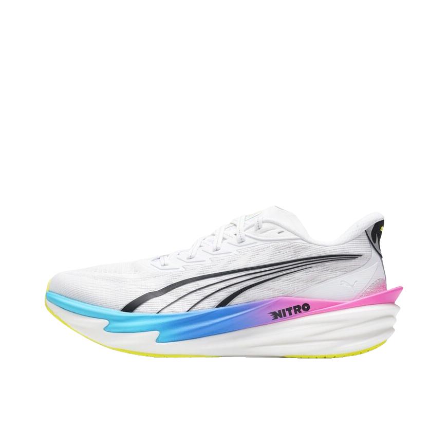推荐商品：Puma/彪马 Deviate Nitro 4 彪破4 跑鞋 舒适缓震防滑贴合回弹长距离氮气科技日常跑轻便竞速 白色/粉色/深蓝色