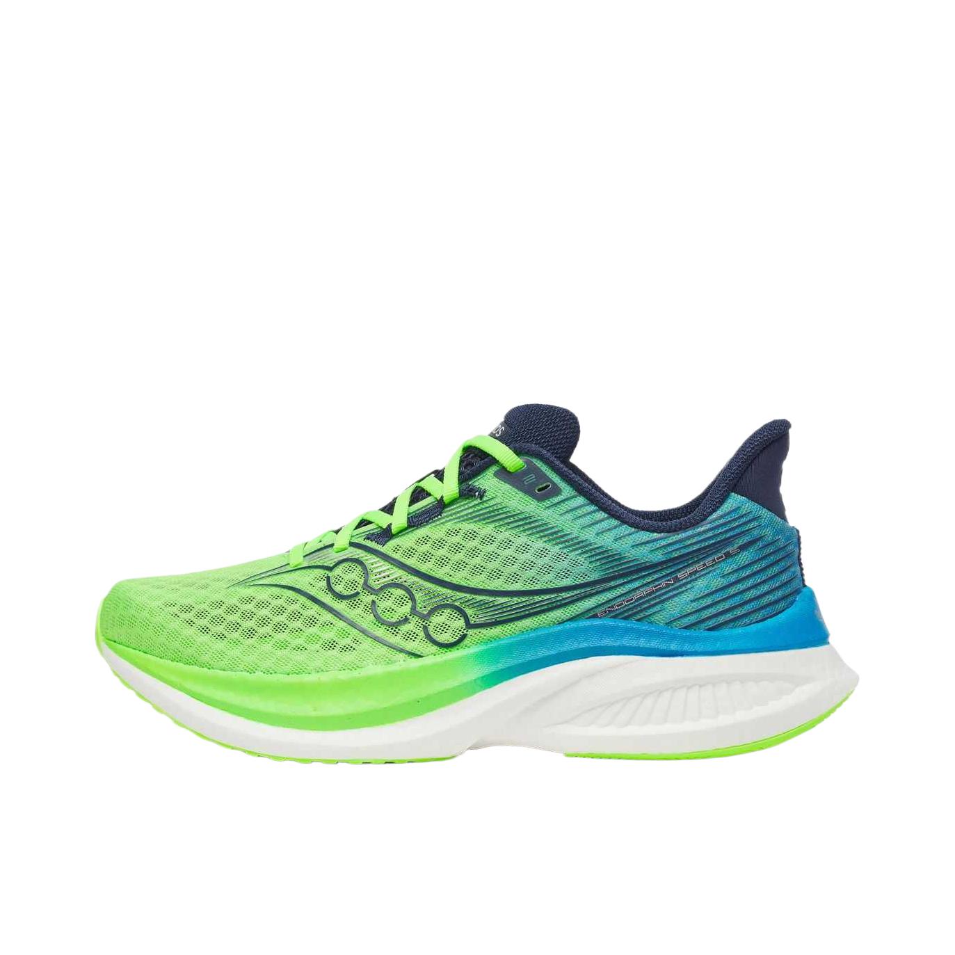 推荐商品：Saucony/索康尼 Endorphin Speed 啡速 5 缓震回弹 轻便透气 舒适耐磨 竞速 马拉松 越山向海 尼龙板 长距离 训练 防滑 跑鞋 史莱姆色/钴蓝色