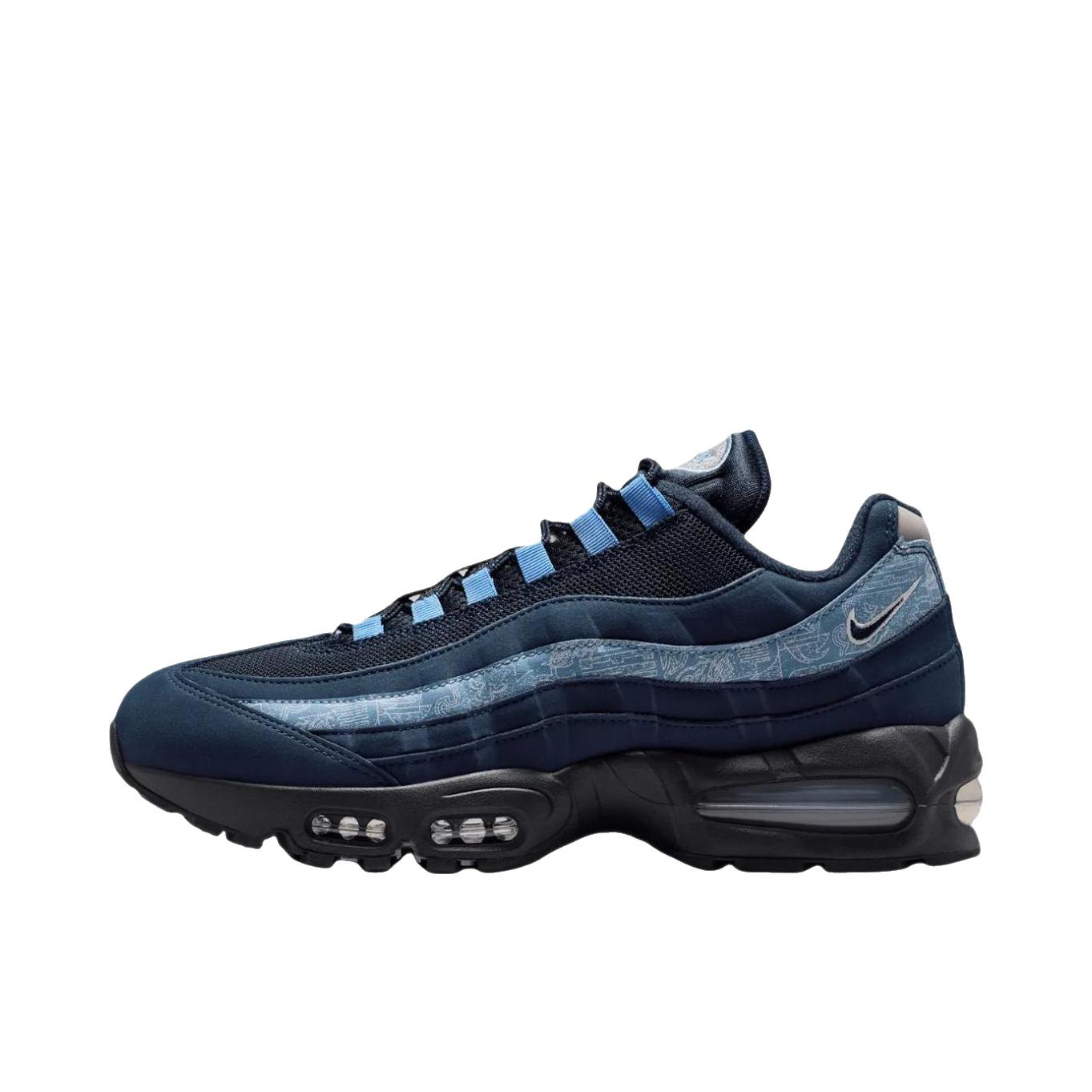 推荐商品：Nike Air Max 95 跑鞋 潮流时尚复古百搭防滑耐磨舒适透气防水气垫织物支撑低帮缓震贴合耐用圆头 藏蓝色