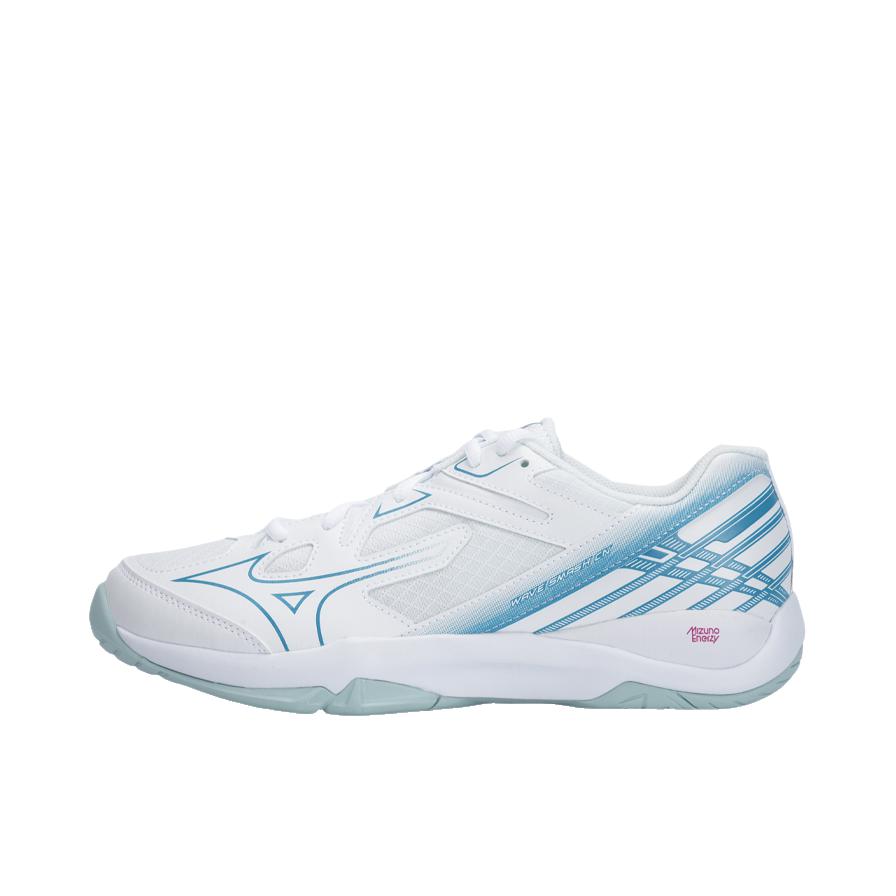 推荐商品：Mizuno/美津浓 WAVE SMASH CN 羽毛球鞋 耐磨透气防滑 白色/蓝色
