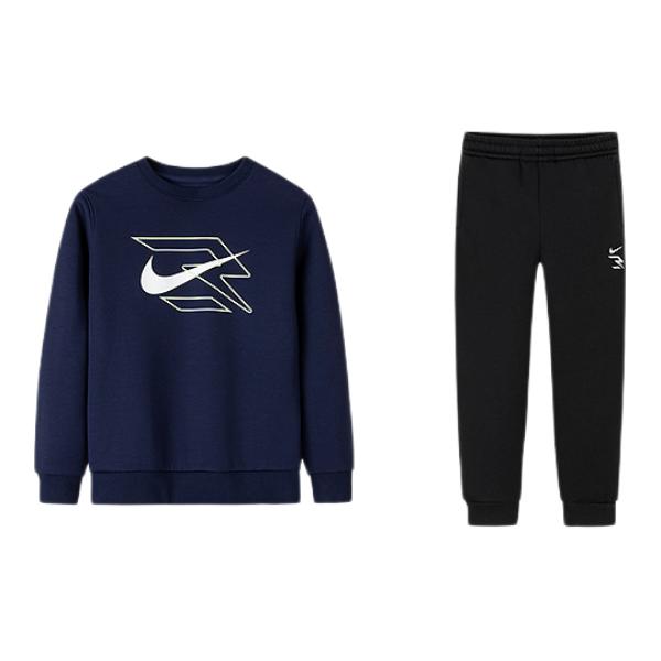 推荐商品：Nike/耐克童装 圆领LOGO印花加绒运动套装 中大童 N32442166GS 靛蓝
