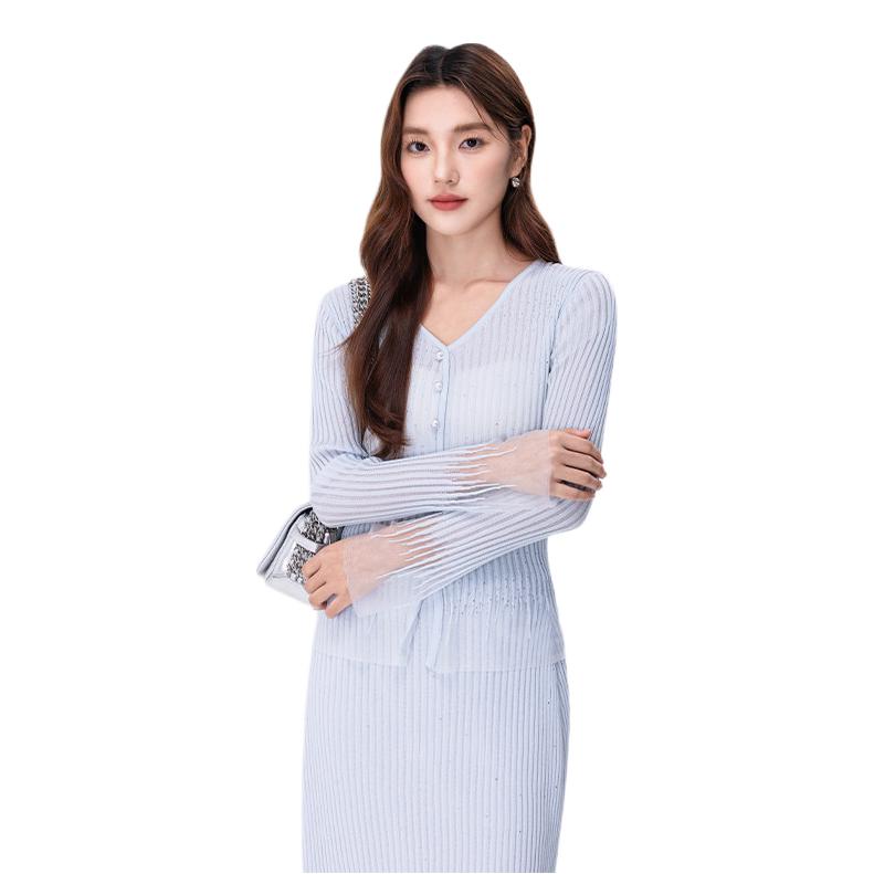 推荐商品：QIAOLA/乔拉 2026SS 流星浩渺系列V领长袖a版蕾丝衫 女装 WD-S2808-WD-B1952 蓝