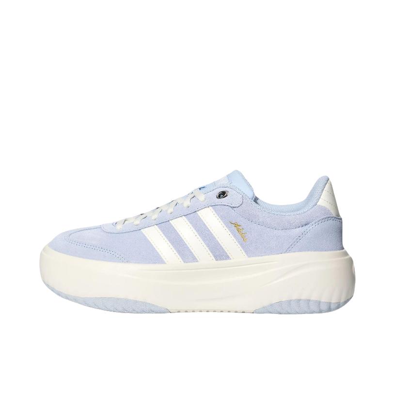 推荐商品：adidas FLARE PLATFORM 运动休闲鞋 防滑厚底橡胶圆头 女款/晶蓝色/白色