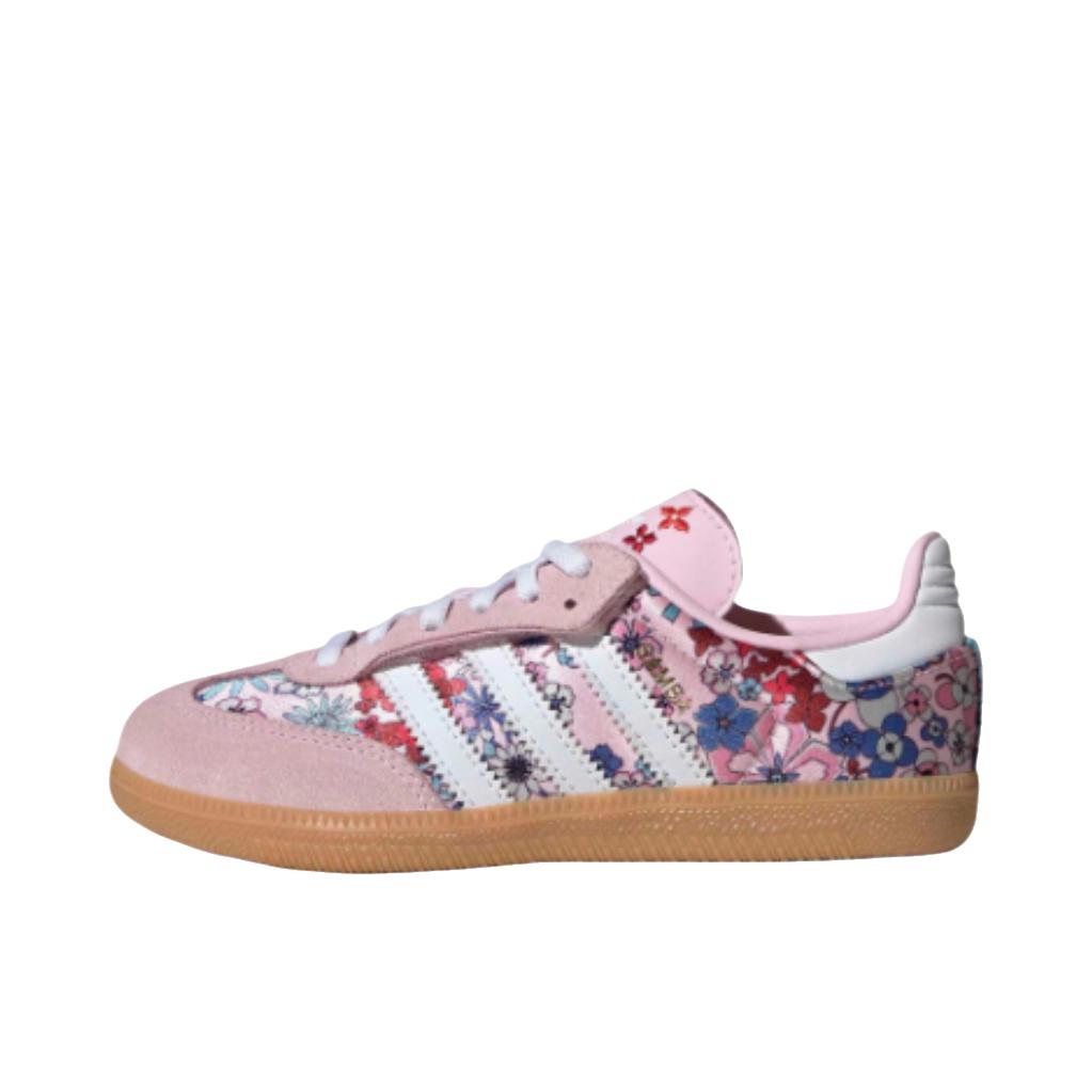 推荐商品：adidas Originals Samba OG T头鞋 板鞋 经典复古舒适百搭耐磨合成革圆头薄底贴合 Liberty London联名/低帮/大童/粉色