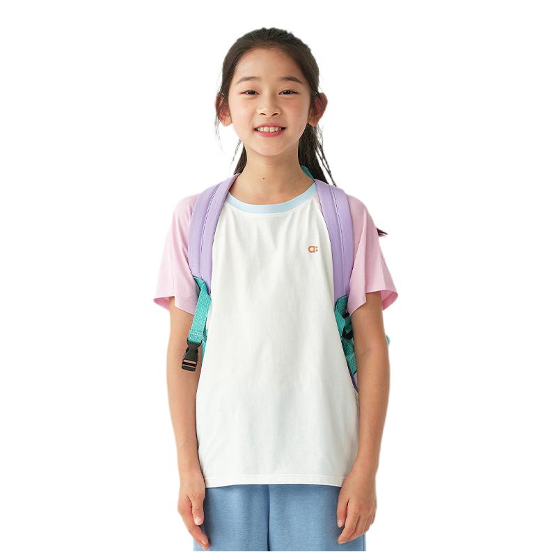 推荐商品：幼岚童装 2026SS 速干插肩亲肤短袖T恤 中大童 C01H1032A-1 本白拼紫白