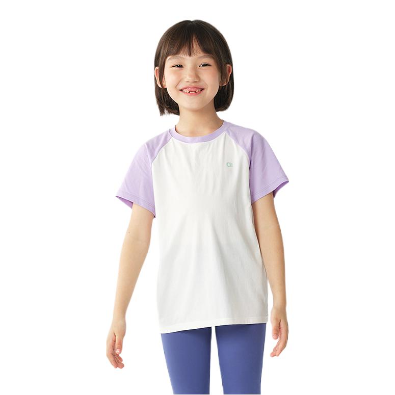 推荐商品：幼岚童装 2026SS 速干插肩亲肤短袖T恤 中大童 C01H1032A-1 本白拼紫玫瑰
