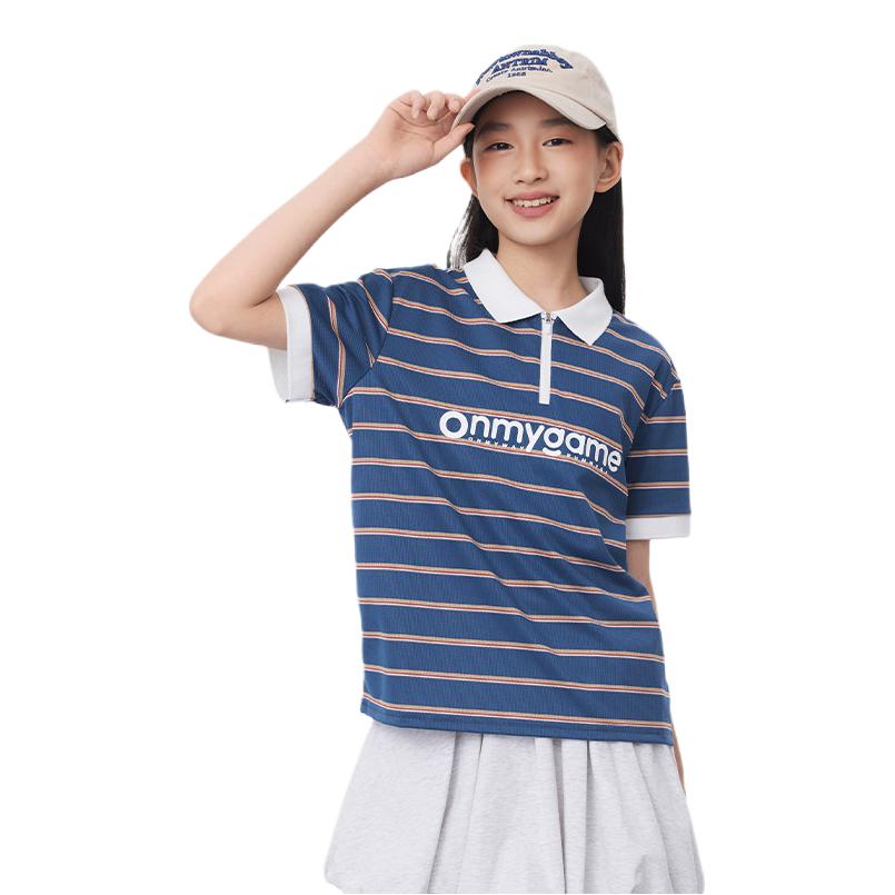 推荐商品：onmygame童装 学院风条纹透气短袖Polo衫 中大童 KE20A910604 深海蓝