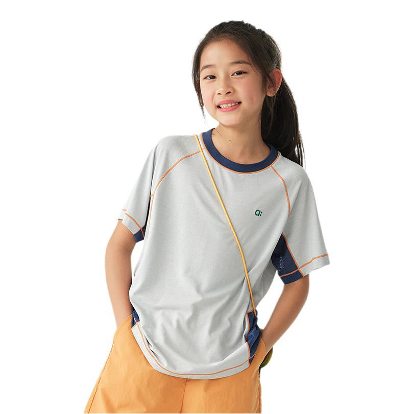 推荐商品：幼岚童装 2026SS 速干透气拼接短袖T恤 中大童 C01H2007 珍珠灰拼扬帆蓝