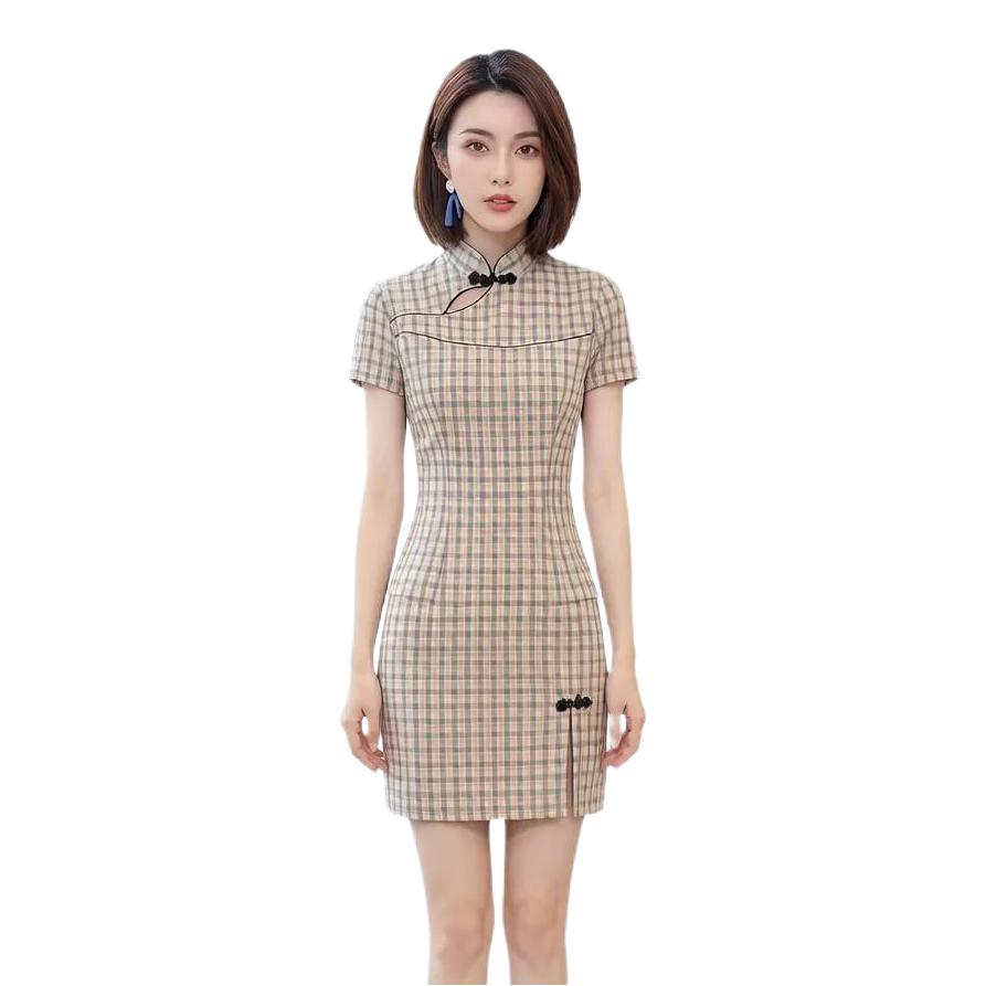 推荐商品：梦芯诺 少女感复古格子改良短袖旗袍 女装 MXNSY334042504874P56 驼