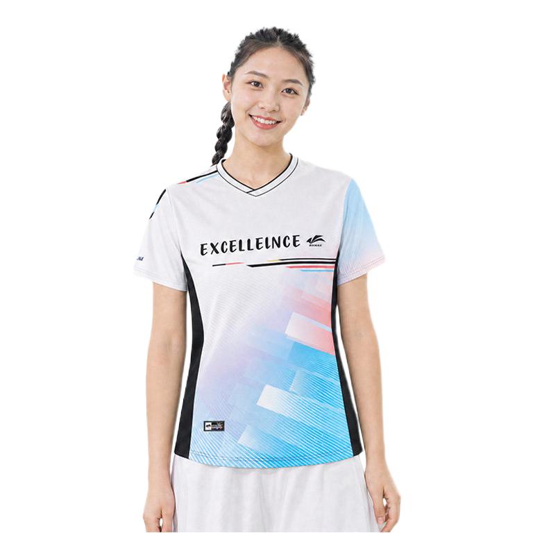 推荐商品：butiky/速迈 速干V领吸湿修身套头短袖羽毛球服 SM1228+SM2228 蓝/女