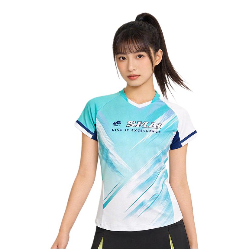 推荐商品：butiky/速迈 速干透气套头短袖羽毛球服 SM1222 天青白/女