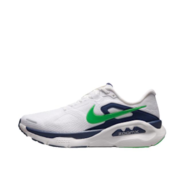 推荐商品：Nike Structure Plus 跑鞋 支撑贴合厚底系带圆头 白色/深藏青/山峰白/闪亮绿