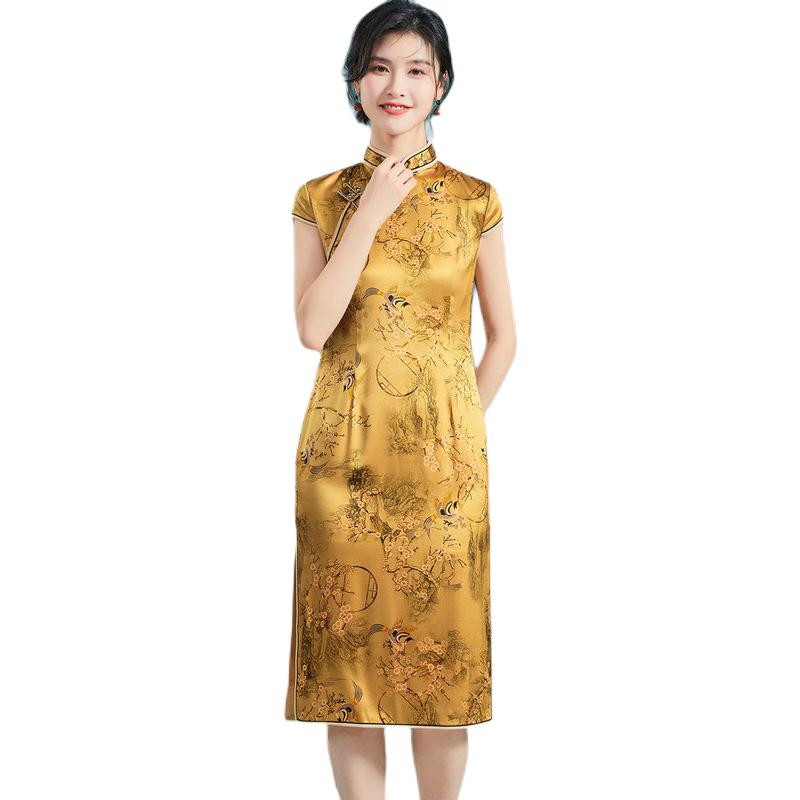 推荐商品：金菊 斜门襟开叉桑蚕丝印花改良长袖旗袍 女装 W8A32082 黄