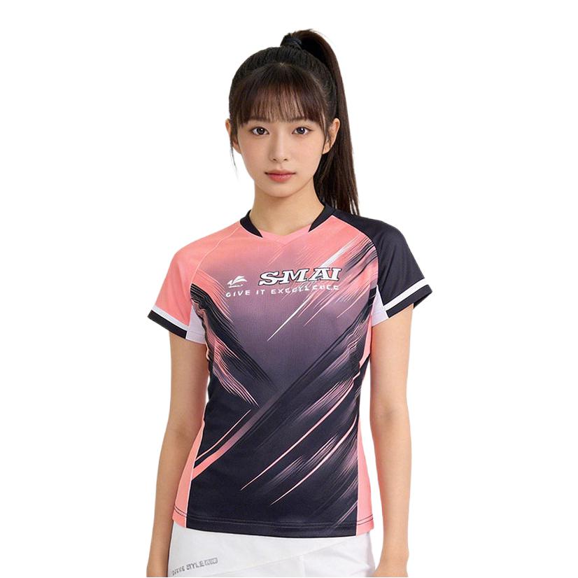 推荐商品：butiky/速迈 速干透气套头短袖羽毛球服 SM1222 黑粉/女