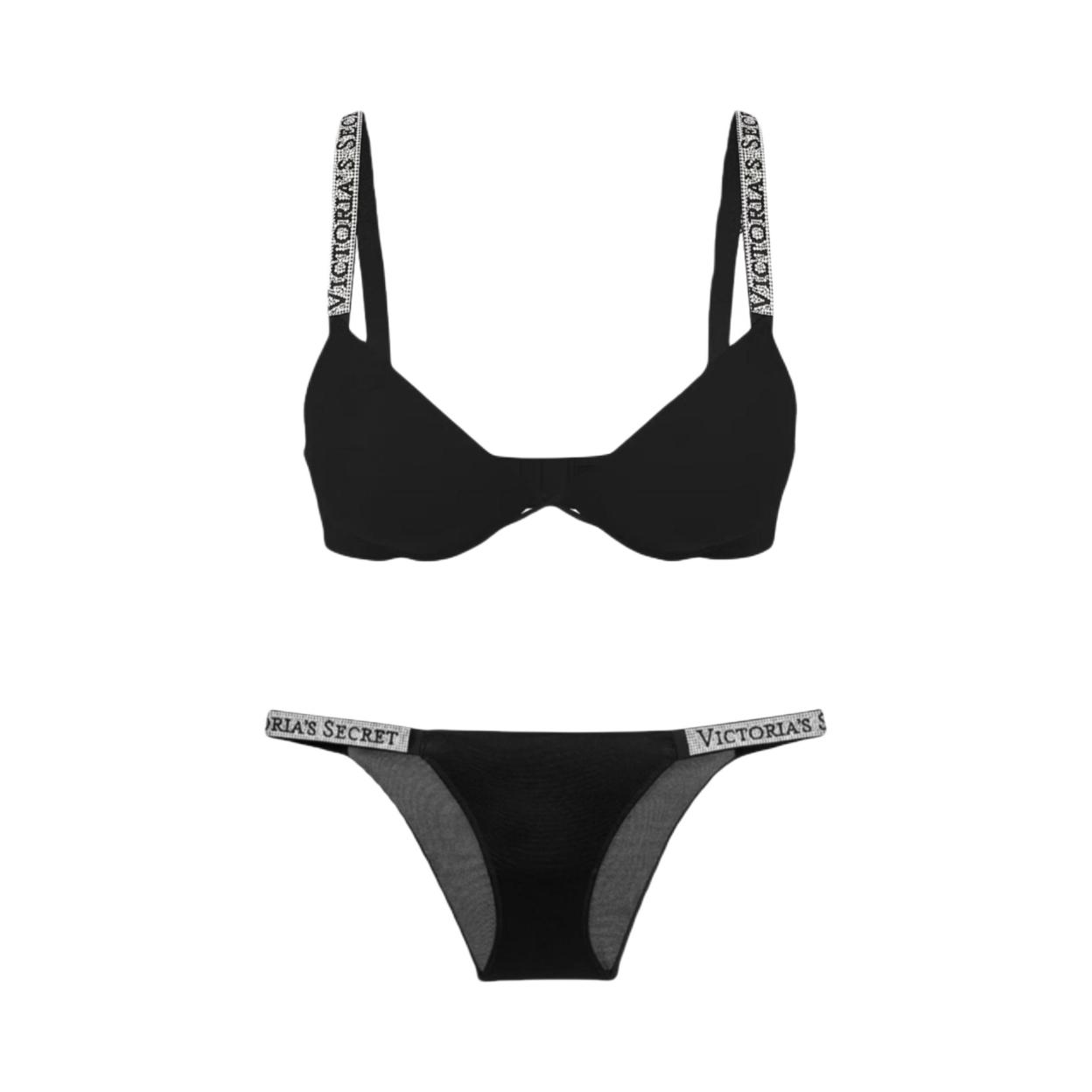 推荐商品：Victoria's Secret/维多利亚的秘密 水钻字母装饰三角文胸套装 女装 11260115+11249837 黑