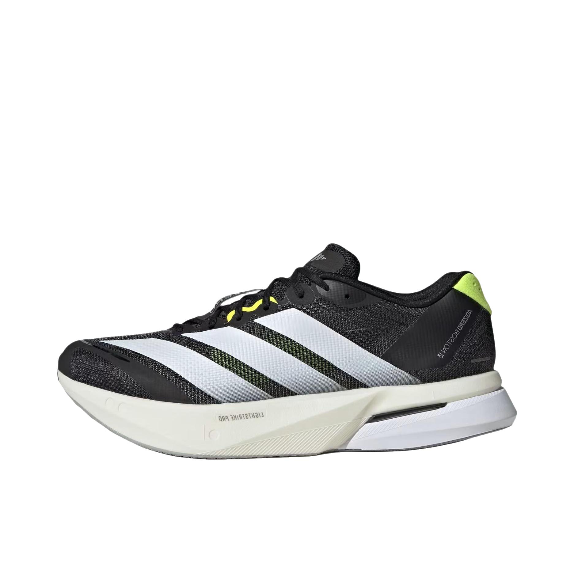 推荐商品：adidas Adizero Boston 13 跑鞋 低帮系带防滑耐磨透气玻纤柱竞训支撑贴合 黑色/白色