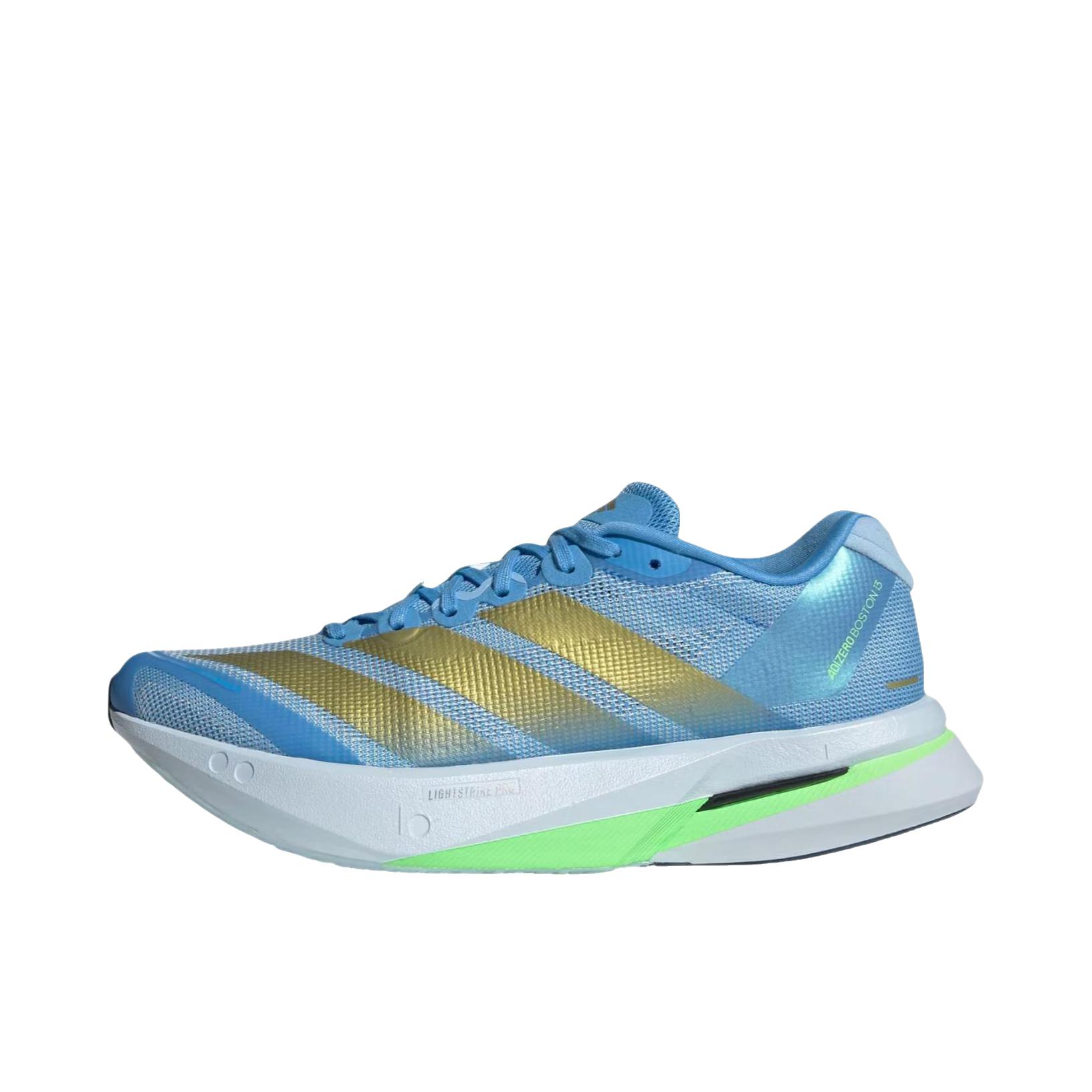 推荐商品：adidas Adizero Boston 13 跑鞋 低帮系带防滑耐磨透气玻纤柱竞训支撑贴合 蓝色/金色/绿色