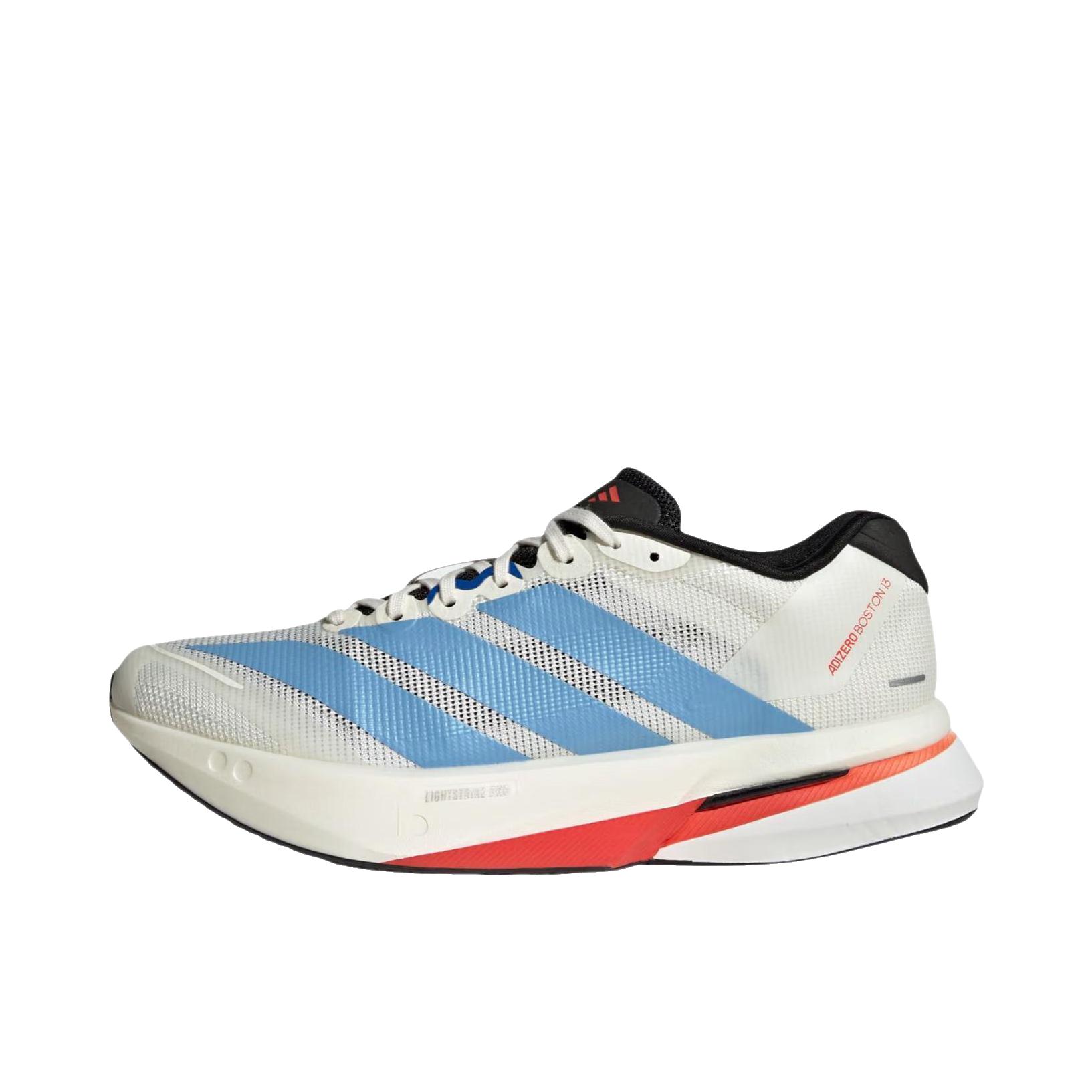 推荐商品：adidas Adizero Boston 13 跑鞋 低帮系带防滑耐磨透气玻纤柱竞训支撑贴合 米色/蓝色
