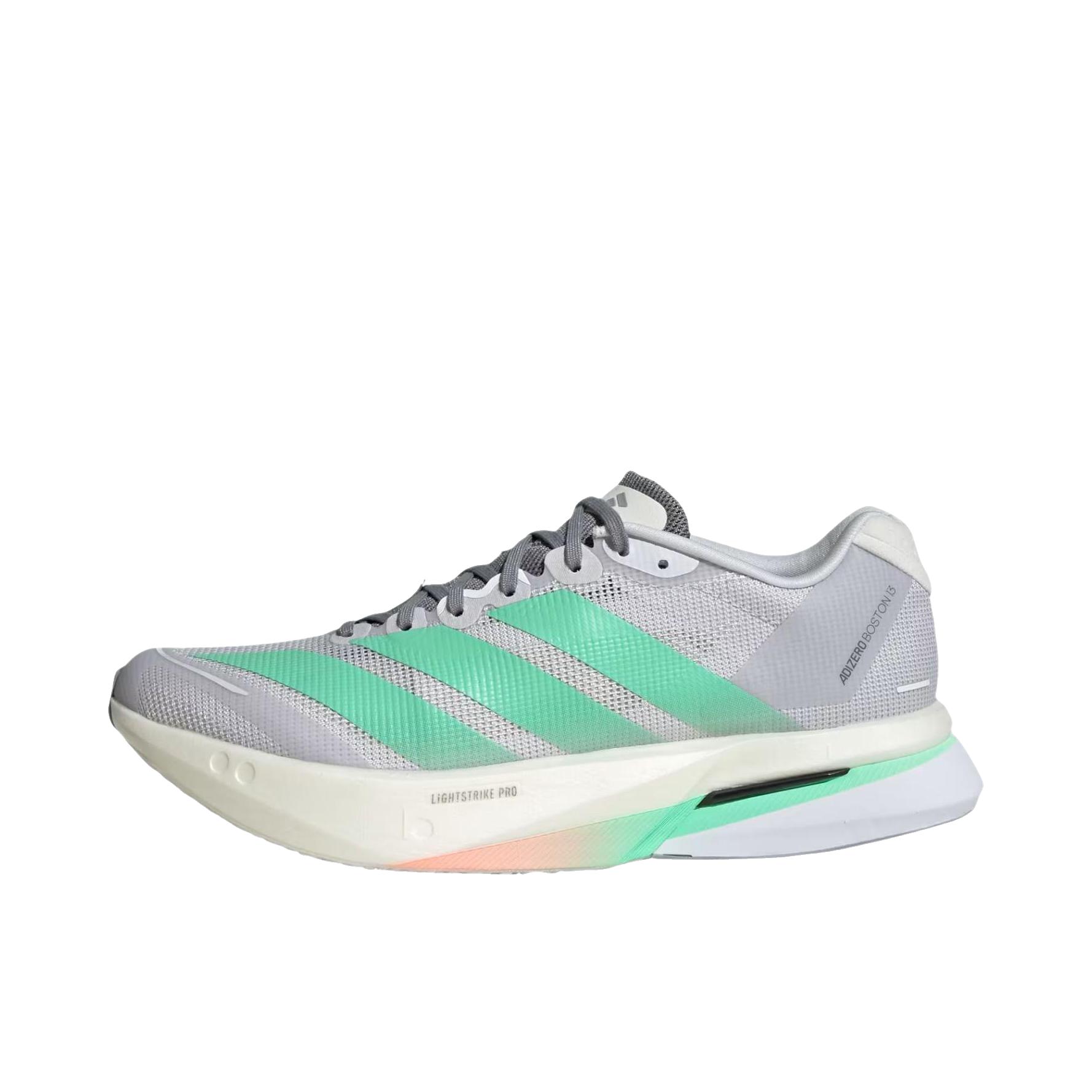 推荐商品：adidas Adizero Boston 13 跑鞋 低帮系带防滑耐磨透气玻纤柱竞训支撑贴合 暗灰色/薄荷绿