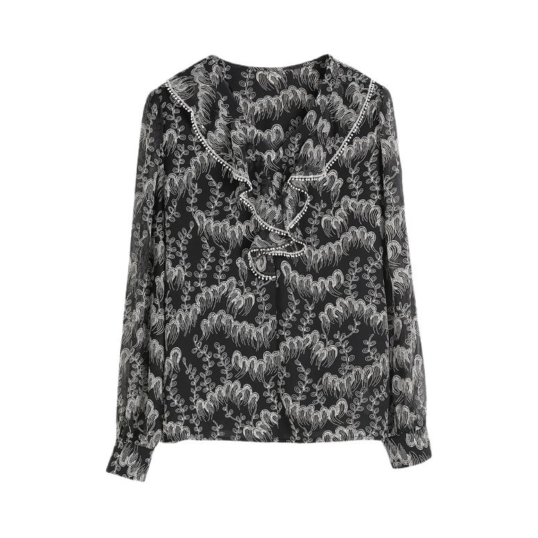推荐商品：杭依阁 2026SS V领雪纺碎花长袖衬衫 女装 XG-SS1231H 黑