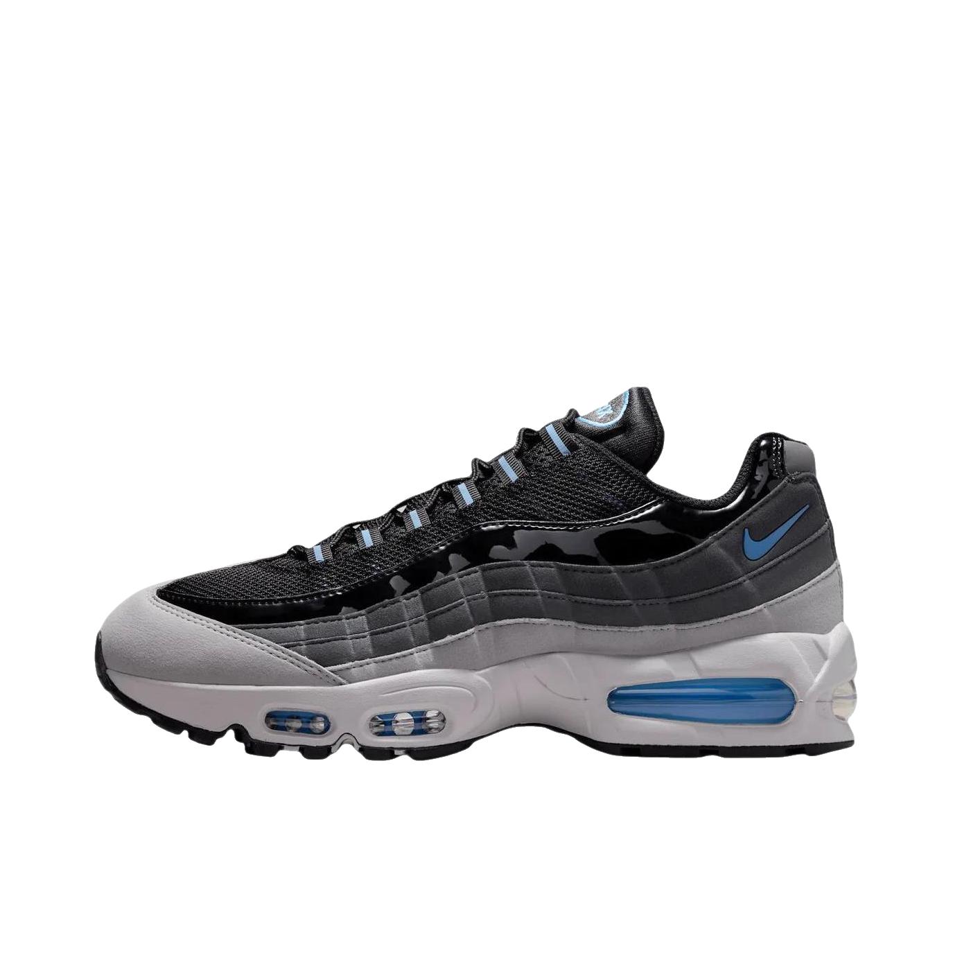 推荐商品：Nike Air Max 95 跑鞋 潮流时尚复古百搭防滑耐磨舒适透气防水气垫织物支撑低帮缓震贴合耐用圆头 灰雾色/炭黑色/足球蓝