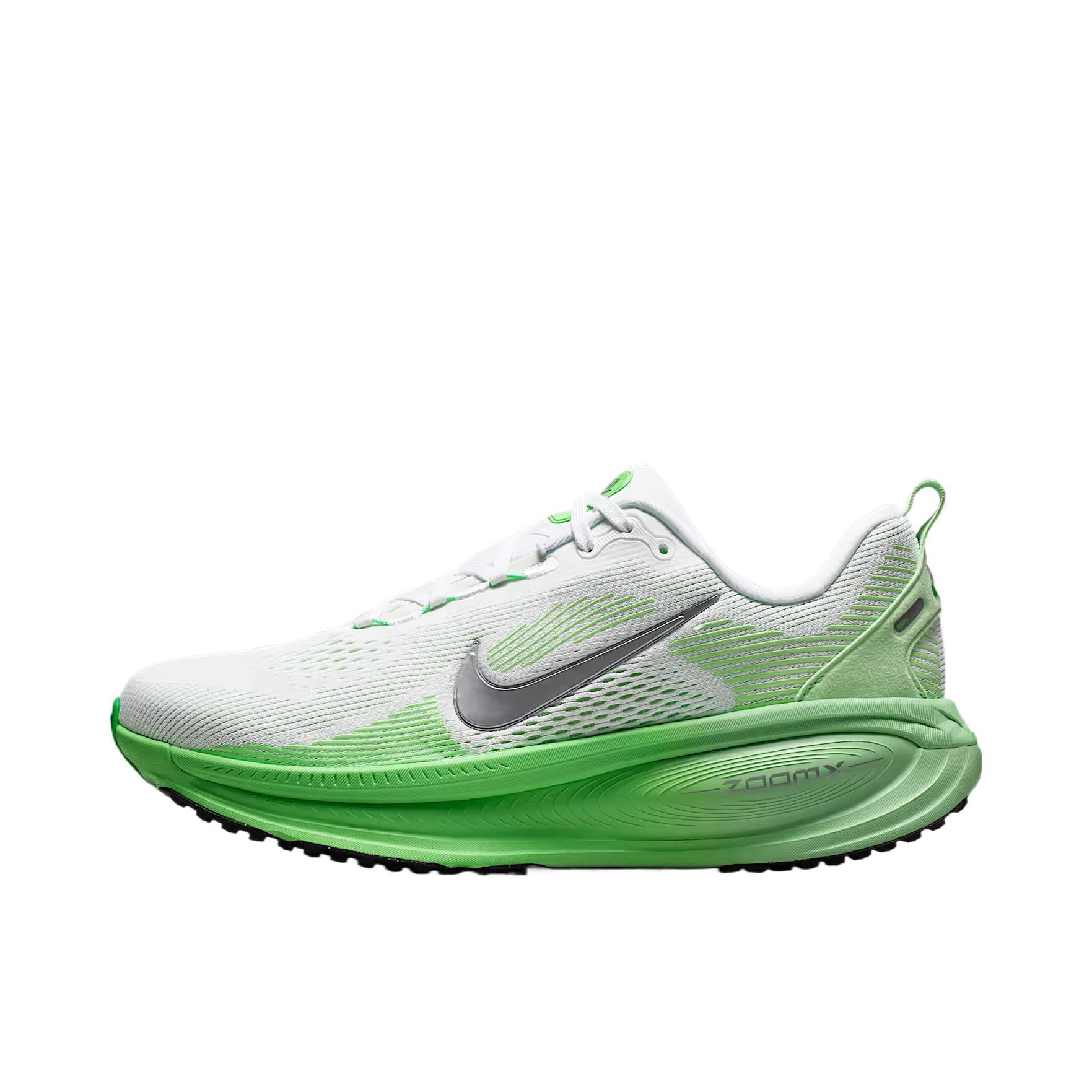推荐商品：Nike Vomero 18 跑鞋 减震防滑低帮厚底训练轻便短跑贴合防水 白色/幻彩绿/外套绿/金属银