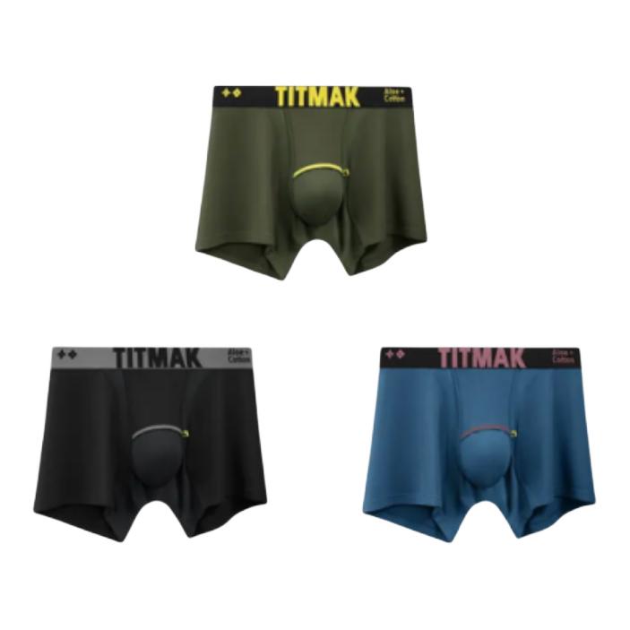 推荐商品：TITMAK/吨吨马 棉质凉感抗菌透气男士平角内裤 T807 暮黑+杉绿+宝蓝/3条装