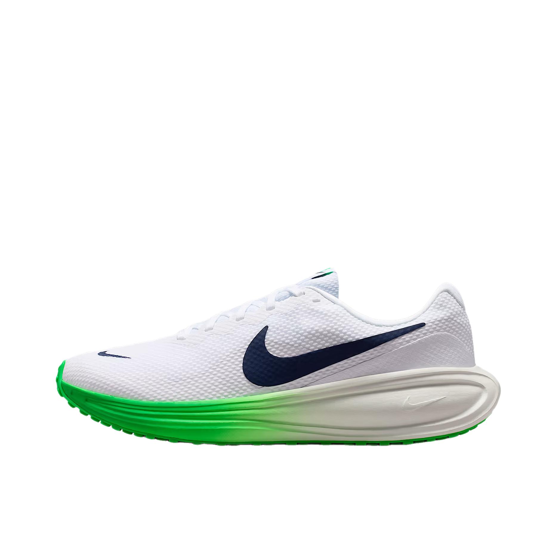 推荐商品：Nike Revolution 8 跑鞋 网布百搭防滑耐磨低帮缓震训练网面回弹轻便春夏支撑短跑贴合圆头 白色/闪亮绿/山峰白/深藏青